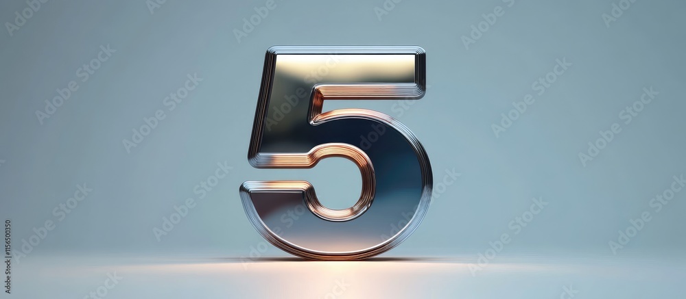 Poster 3d shiny metallic number 5 with distinctive edges and clear copyspace for text placement on a soft g