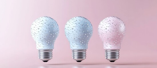 Colorful 3D lightbulbs with water droplets symbolizing creativity and innovation against a soft pink background with space for text inclusion