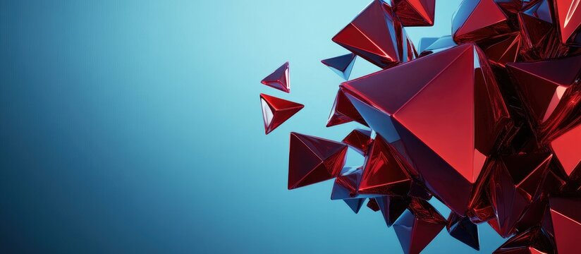 Dynamic 3D composition of dark red triangular shapes against a smooth linear blue background creating ample space for text placement