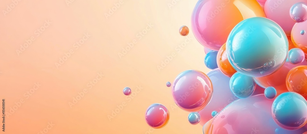 Poster 3d abstract shapes with colorful bubbles blending together on a soft gradient background for text sp