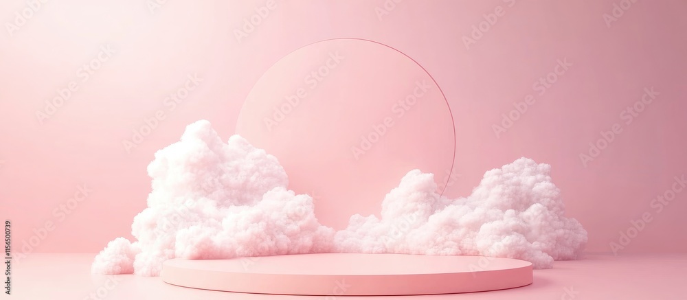 Poster 3d rendering of a serene pink sky with fluffy clouds and empty circular space for customizable text 