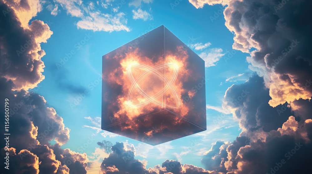 Canvas Prints abstract cube-shaped clouds surrounding a luminous energy cube with vibrant colors against a dramati