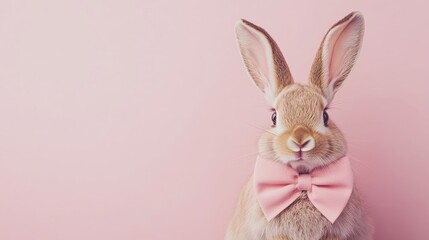 Adorable bunny rabbit wearing a pink bow against a soft pink background ideal for Easter celebrations and holiday promotions