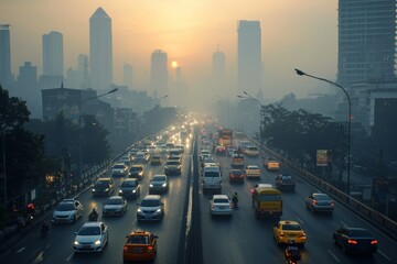 Air pollution in crowded city full of fog and smoke