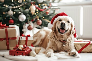 Dog in Santa Claus costume gift box and Christmas tree on white background