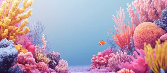 Obraz premium Vibrant underwater coral garden with soft corals and sponges creating a serene ocean landscape ideal for text placement.