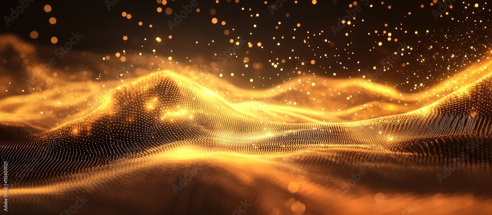 Poster Dynamic Abstract Background with Fluid Waves and Golden Particles for Visualizer Design Featuring Space for Text Addition