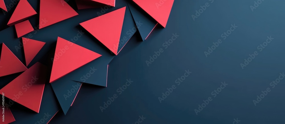 Poster Abstract dark red triangles on a sleek blue background creating a modern visual effect with ample copyspace for text placement