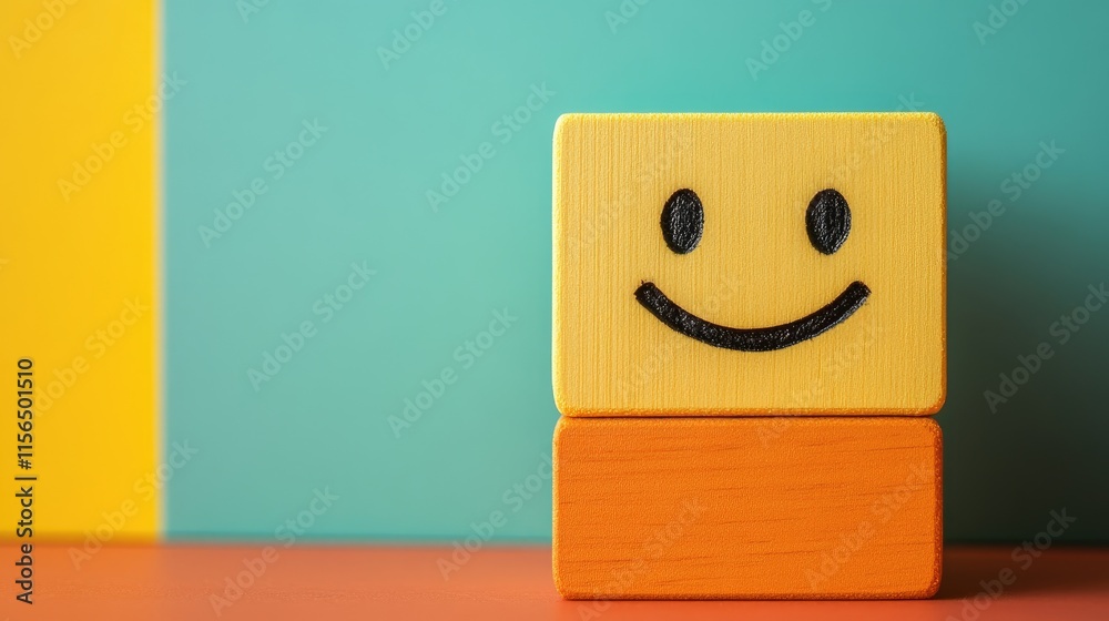 Poster smiling wooden block face on colorful background with ample copy space for text and creative design 