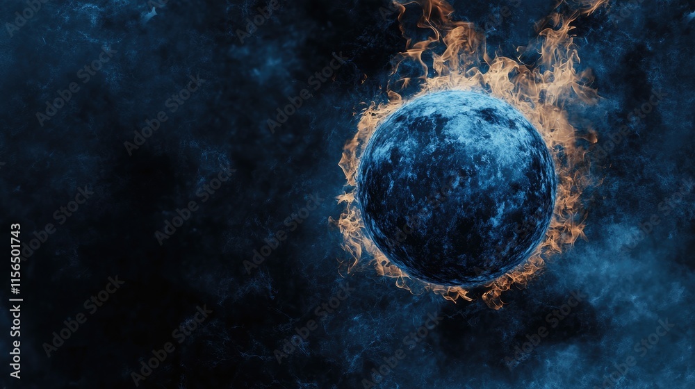 Wall mural close up of a blue planet encircled by flames against a dark cosmic background with space for text o