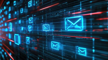 Futuristic business communication system showcasing message interactions and processing speed with digital elements and empty space for text