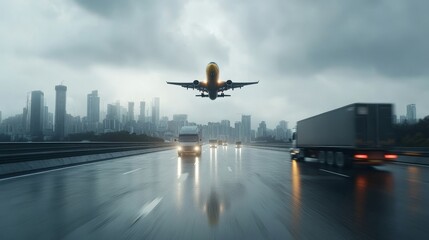Airplane Landing Over Urban Highway During Heavy Rain, Dramatic Sky and Cityscape in Background, Vehicles on Road, Moody Atmospheric Scene