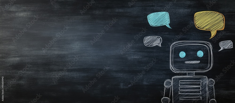 Poster chatbot concept illustration on chalkboard with colorful speech bubbles and space for custom text or