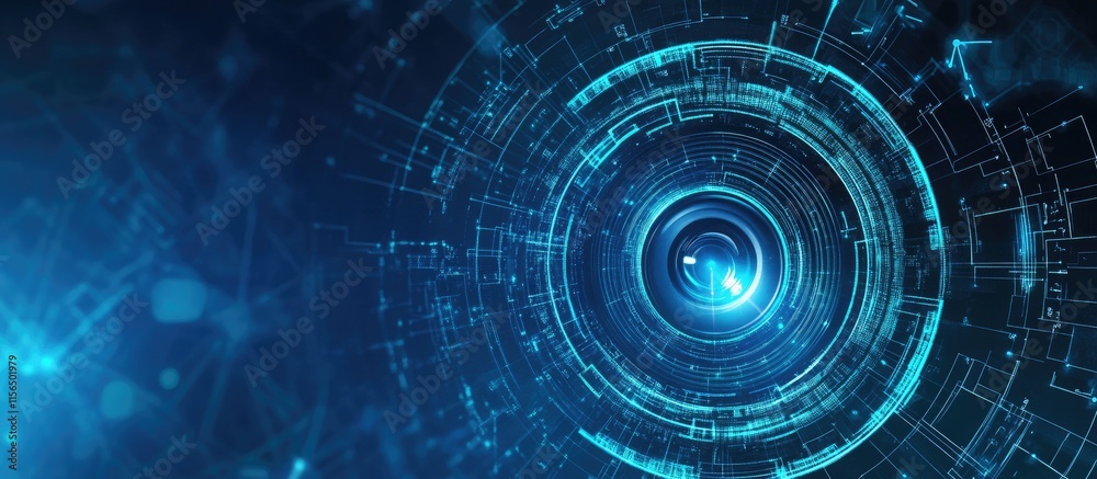 Poster Futuristic Technology Background with Circular Patterns and Empty Space for Text in Business Security and Monitoring Applications