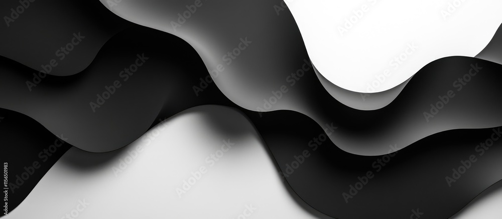 Aufkleber dynamic black wave shapes on a white background creating depth with shadows and ample space for text