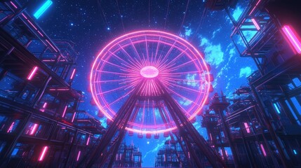 Neon Ferris Wheel in a Futuristic Cityscape at Night