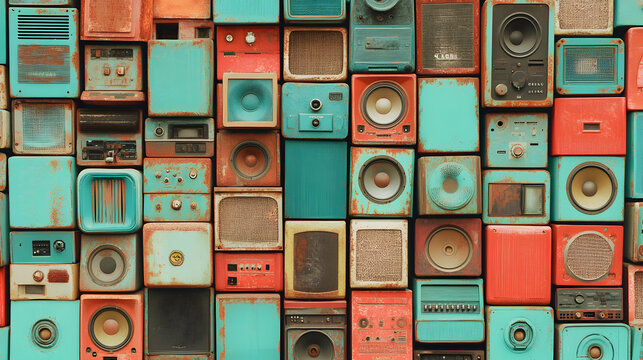 Vintage Audio Equipment Wall, Retro Speakers and Radios in Teal, Red, and Rust