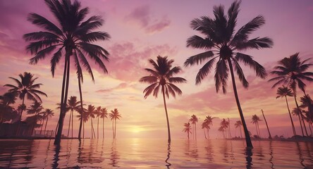 Obraz premium A serene sunset over the ocean, featuring swaying palm trees in vibrant pink, purple, and gold hues. 