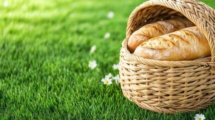 Obraz premium Backyard picnic concept. Freshly baked bread in a rustic basket on a grassy field, perfect for picnics.