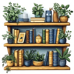 Bookshelf minimalist simple stuff item illustration clipart icon vector jpg png white background that have some abstact clear vibes.
