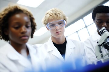 Fototapeta premium Professional laboratory scene with scientists in white coats Biotechnology