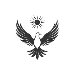 Dove with wings spread, flying towards the sun.