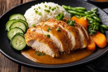 Delicious golden brown chicken and rice dish on katsu curry