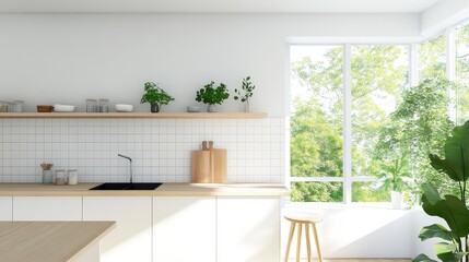 Naklejka premium Modern Bright Kitchen with Minimalist Design, Featuring Wooden Shelves, Green Plants, and Large Windows Overlooking a Lush Natural Landscape