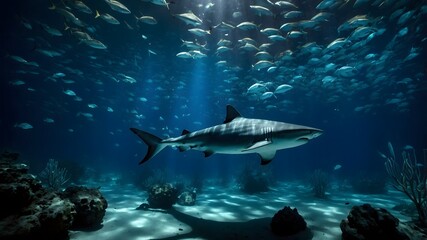 Obraz premium Into the Abyss: Dumd Gulpur Shark Navigating Dark Waters Illuminated by Bioluminescence