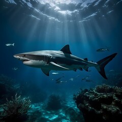 Fototapeta premium Shadows of the Deep: Dumd Gulpur Shark Gliding Through Bioluminescent Waters