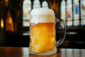 Cozy pub ambiance with a glass of frothy Close-up frothy, golden