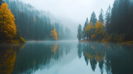 Fototapeta premium Autumnal lake mirroring foggy forest trees
