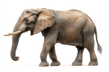 Fototapeta premium An elephant, showcasing its large size, textured skin, and distinctive trunk, set against a simple white background.