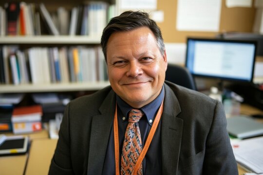 Middle-aged man in office wearing suit and tie, A seasoned school administrator,