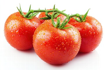 Fresh, ripe tomatoes glisten with droplets of water on a white background, showcasing their vibrant red color and green stems, ideal for cooking or salads.