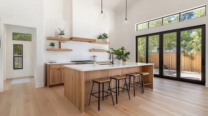 Fototapeta premium Modern Kitchen with High Ceilings, Wooden Shelves, and Bright Natural Light Streaming Through Large Windows in a Contemporary Home Interior