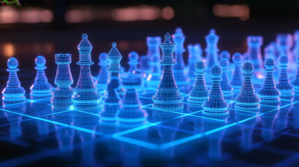 Hologram chess. Chess of polygons, triangles of points and lines. Chess pieces are low poly compound structure. The technology concept.