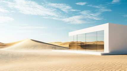 A minimalist white building with expansive glass windows reflects the sky, set against a backdrop of golden sand dunes in a serene desert landscape.