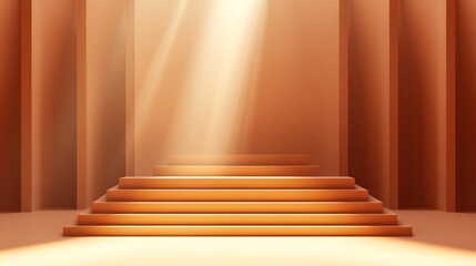 Gradient empty podium blending warm cinnamon and light tan