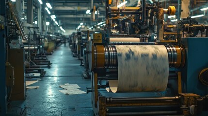 Roll of paper on printing press in a factory