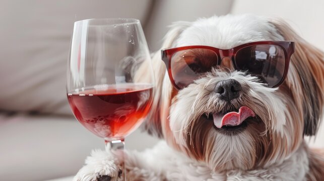 A dog wearing sunglasses enjoys a glass of ros? wine, exuding a fun and relaxed vibe.