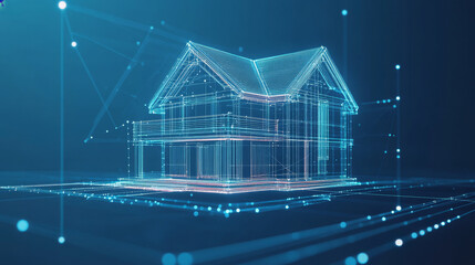 Hologram house. A house made of polygons, triangles of dots and lines. The house has a low-poly compound structure. Technology concept vector.