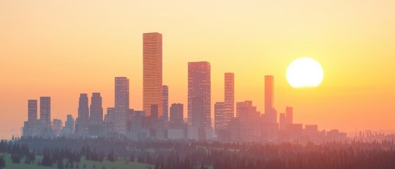 Fototapeta premium Golden Hour Cityscape Skyline Sunset Urban Panorama