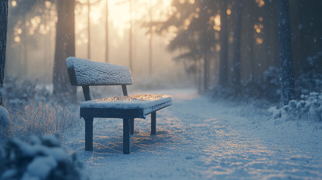 A wooden bench covered in snow in a winter park surrounded by trees and a cold, frosty landscape