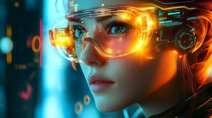 Close-Up Digital Painting: Woman Wearing Futuristic Goggles, Vividly Lit Cyberpunk Scene. AI Generated