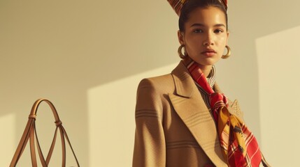 A creative editorial featuring curated women fashion, with a focus on layering tailored blazers, silk scarves, and structured handbags for a chic and refined look