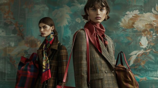 A creative editorial featuring curated women fashion, with a focus on layering tailored blazers, silk scarves, and structured handbags for a chic and refined look