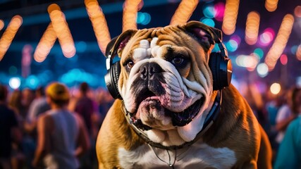 Bulldog at the Music Festival: Grooving to the Beat with Headphones On!