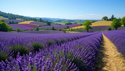 Naklejka premium Lavender Fields Rolling Hills Scenic Landscape