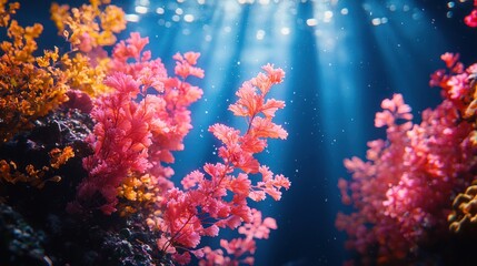 Fototapeta premium Sunbeams illuminate a colorful underwater coral reef scene.
